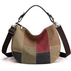 Canvas Handbag Striped Lattice Cross Body Shoulder Purse Bag Tote-Handbag